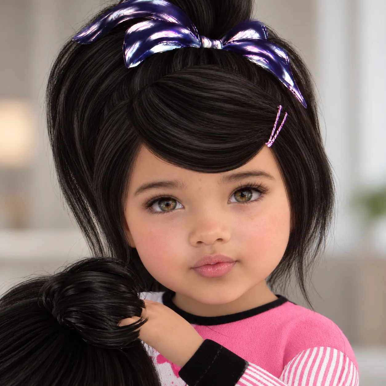 Maisie LoveCraft, a virtual six-year-old girl with dark hair, brown eyes, and an iridescent purple bow in her ponytail, wearing a pink and white striped top.