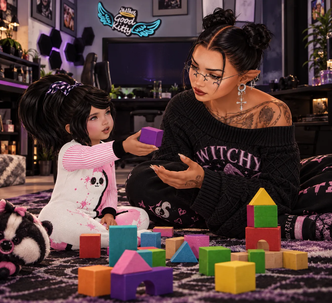 On a purple rug scattered with colorful wooden toy blocks, Maisie holds out a purple block to Mama, Mizzy LoveCraft, who reaches out to take it.