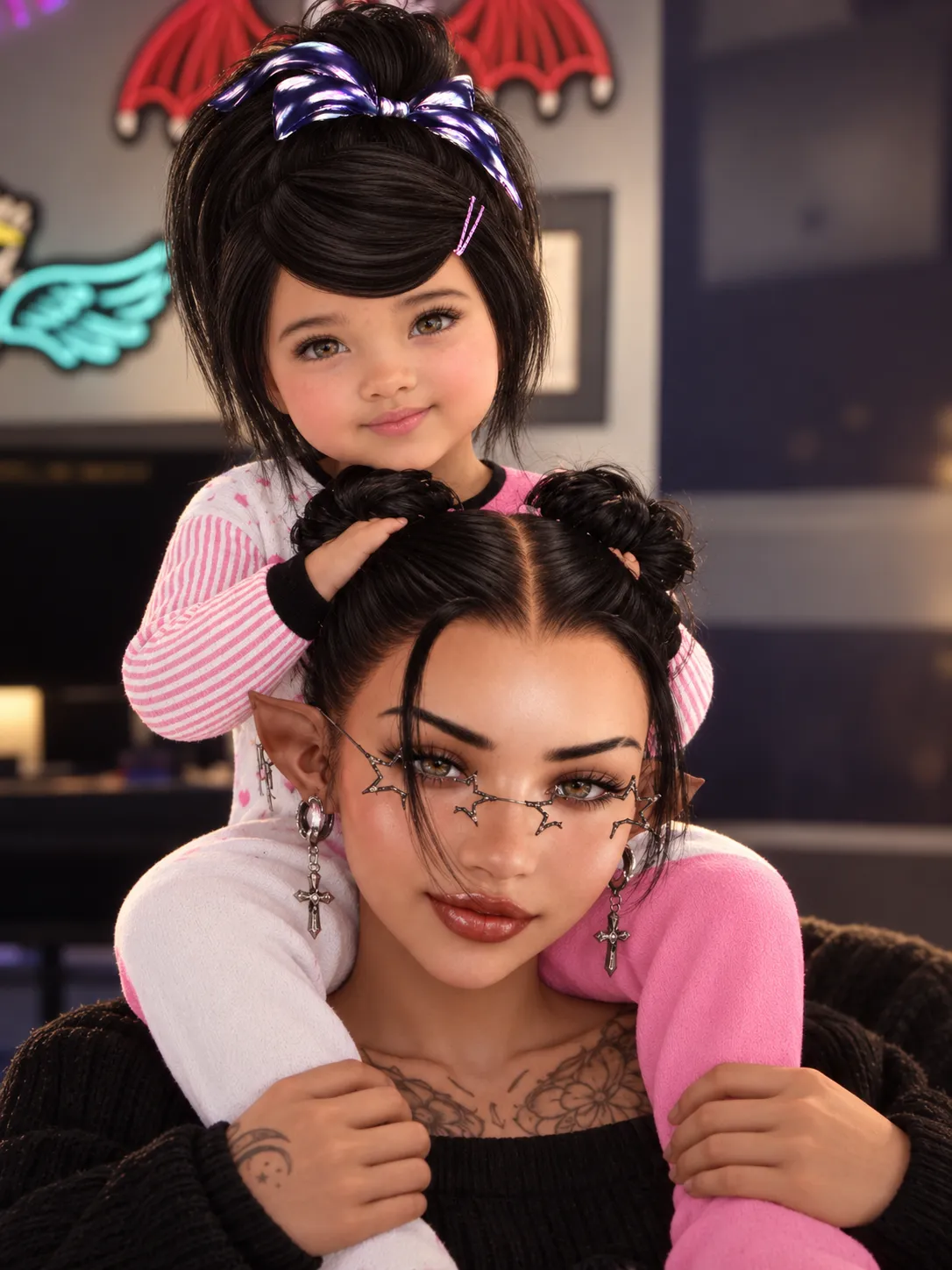 Maisie rides on Mama's shoulders, resting her hands on Mama's hair buns, and both smile softly.