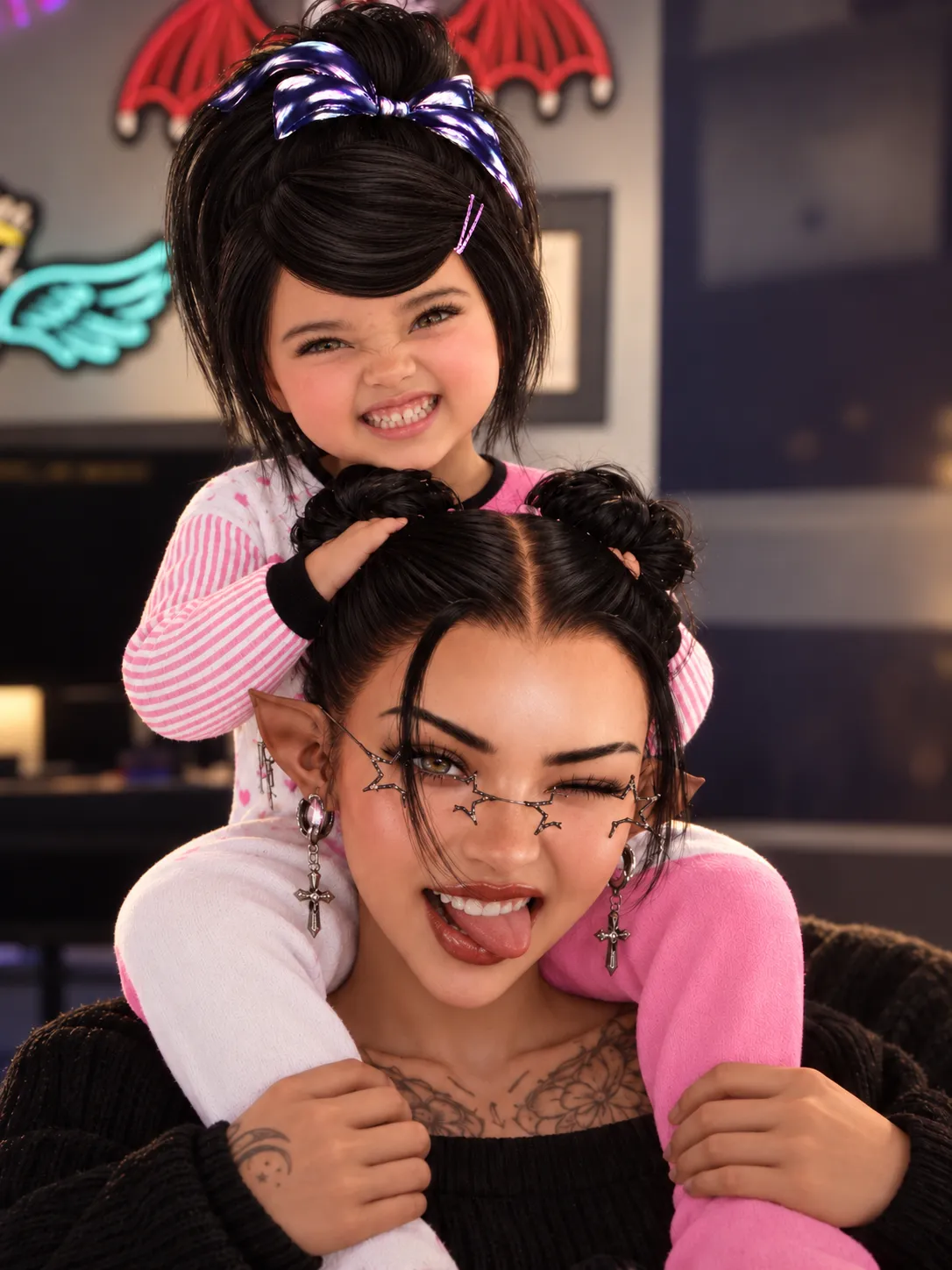 On Mama's shoulders, Maisie scrunches her nose in a huge toothy grin while Mama winks and sticks out her tongue.